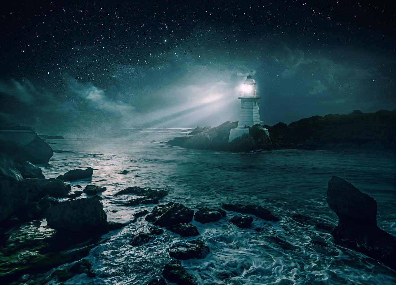 lighthouse, night, stars